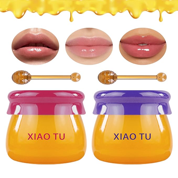 2PCS Lip Balm Honey Pot,Moisturizing Lip Sleep Mask,Prevention Dry and Cracked Overnight Sleeping Lip Mask with Brush,Reduces Lip Lines Long Lasting Hydrating Lip Care Scrubs Exfoliator-Velvo Beauty