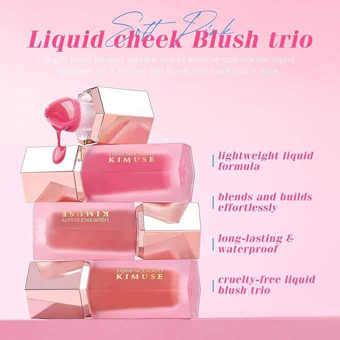 KIMUSE Soft Pink Gel-Cream Blush Trio, Liquid Blush for Cheeks, Weightless, Long-Wearing, Smudge Proof, Natural-Looking, Dewy Finish, Skin Tint Blush Makeup, 0.42 Fl Oz (love pink)-Velvo Beauty