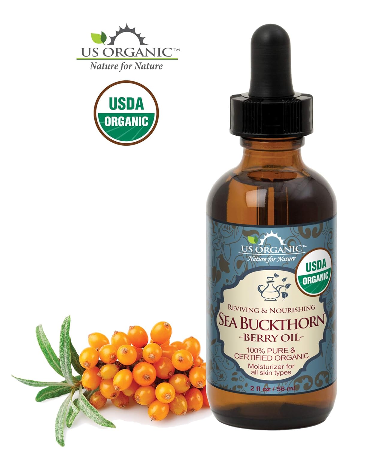 US Organic Sea Buckthorn Berry (Fruit) Oil, Supercritical CO2 extracted, USDA Certified Organic,100% Pure Virgin, Unrefined in Amber Glass Bottle, Face, Hair, spot Treatment, Anti Aging, 2 oz (56 ml)-Velvo Beauty