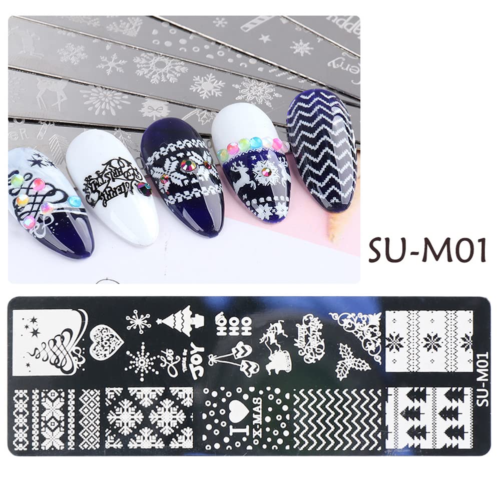 6 Pcs Xmas Christmas Snowflake Nail Stamper Kit with 1 Stamper 1 Scraper, DIY Nail Art Stencil Plates Set-Velvo Beauty