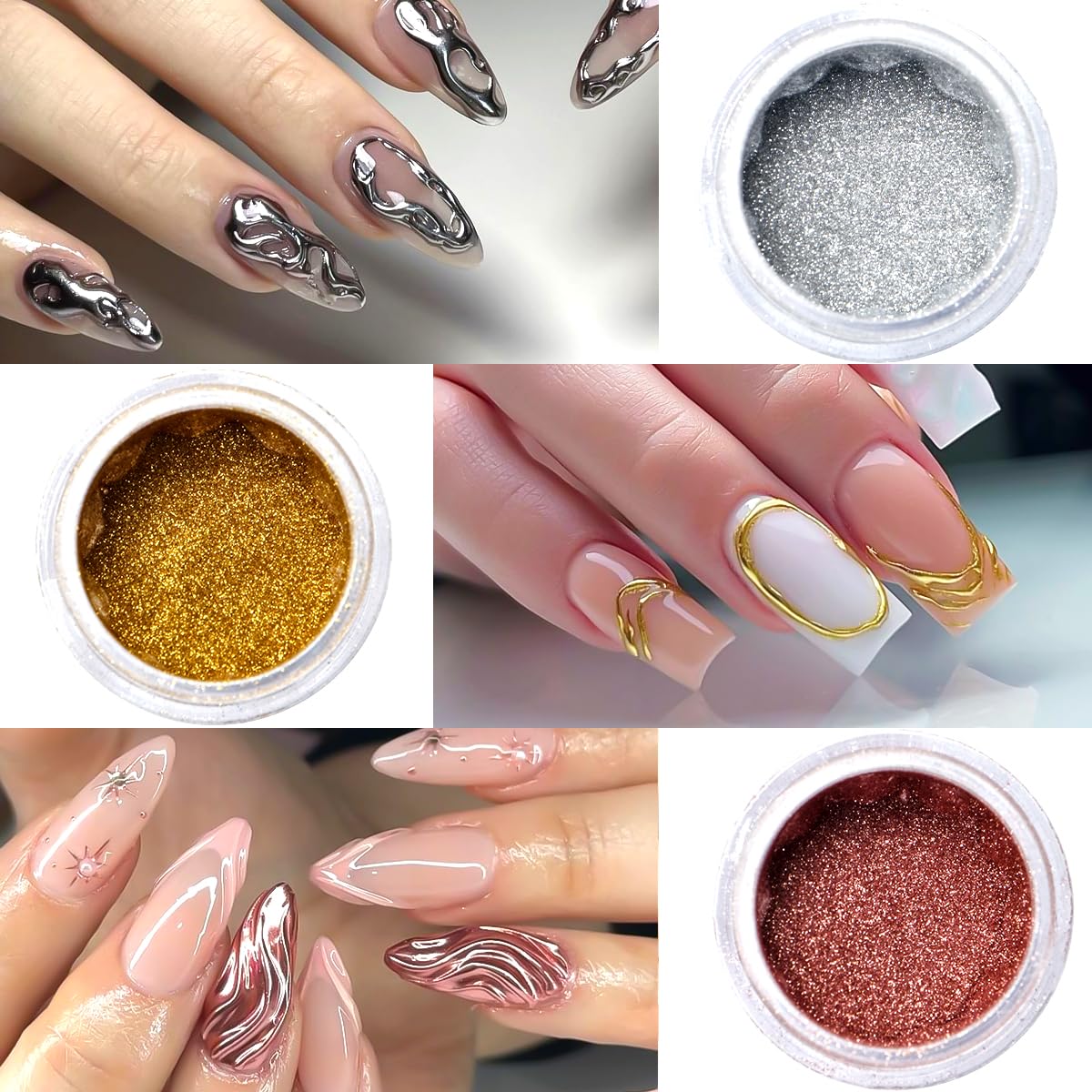 Chrome Nail Powder Metallic Gold And Silver, Magic Mirror Effect Pigment Glitter Rubbing Dust, 3D Carving Nail Molding Gel & Holographic Dip Nail Powder Kit for Nail Decor Home Manicure DIY-Velvo Beauty