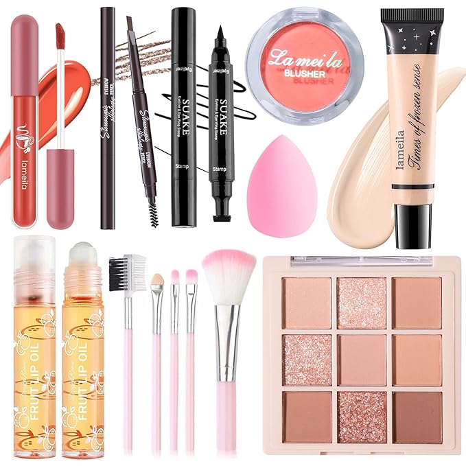 Makeup Set for Girls Teens Women, Makeup Present Set, Makeup Kit, Includes Eyeshadow Palette, Foundation, Blusher, Eyebrow Pencil, Eyeliner, Lip Gloss, Lip Oil, Makeup Brushes & Sponge-Velvo Beauty
