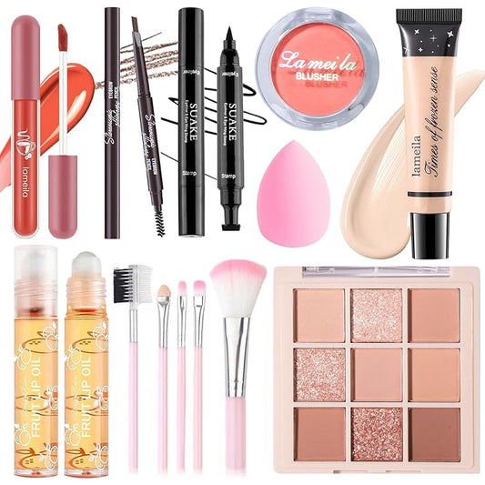 Makeup Set for Girls Teens Women, Makeup Present Set, Makeup Kit, Includes Eyeshadow Palette, Foundation, Blusher, Eyebrow Pencil, Eyeliner, Lip Gloss, Lip Oil, Makeup Brushes & Sponge-Velvo Beauty