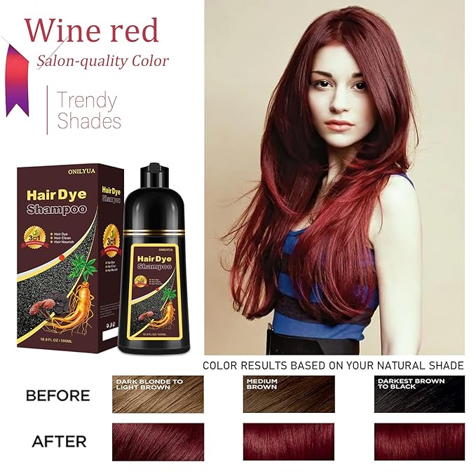 Burgundy Hair Dye Shampoo 3-IN-1,Gray Hair Coverage for Women & Men, Instant & Long-lasting Hair Color in Minutes, Pure Plant Extract Color Shampoo Hair Dye Kit for All Hair Types(Wine Red)-Velvo Beauty