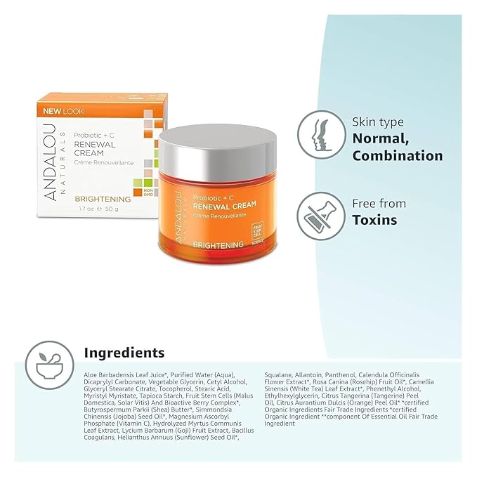 Andalou Naturals Probiotic + C Renewal Cream, Probiotic Plus C, Complexion Enhancing Face Moisturizer, Helps Promote Firmer Skin & More Even Skin Tone, Lightweight Hydrating Facial Moisturizer, 1.7 Oz-Velvo Beauty