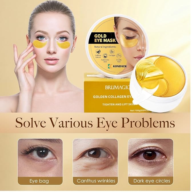 24K GOLD Eye Mask - 60 Pcs Collagen Under Eye Mask,Puffy Eyes and Dark Circles Treatments, Reduce Wrinkles and Fine Lines Undereye (Gold, 1)-Velvo Beauty