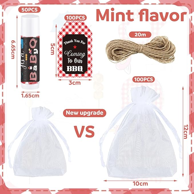 Demissle 50 Pcs Baby Shower Lip Balm Gift Set with 100 Pcs Organza Bags Baby Shower Party Favor for Guest Thank You Tag Rope Baby Shower Party Decoration Gender Reveal Souvenirs (Bbq)-Velvo Beauty