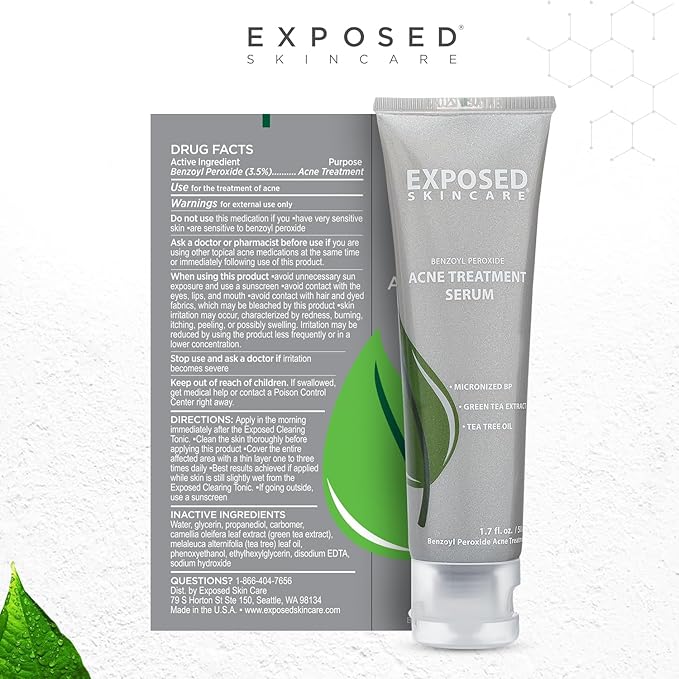 Exposed Skin Care Acne Treatment Kit - Includes Facial Cleanser, Clearing Tonic, Acne Treatment Serum, Clear Pore Serum, Clarifying Mask, Cloth - Natural Acne Solution for Face, All Ages & Skin Types-Velvo Beauty