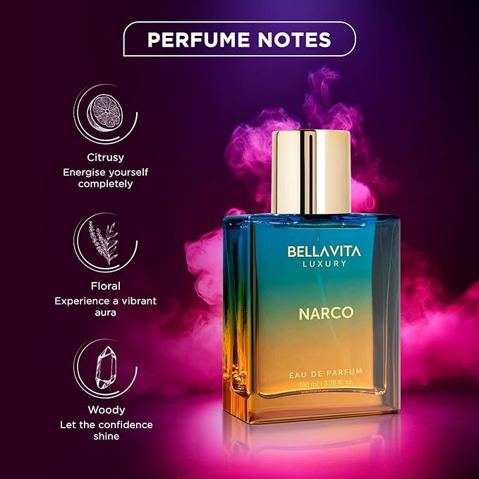 BELLAVITA Luxury NARCO Unisex Perfume for Women and Men | Notes of Bergamot, Jasmine and White Musk | Long-Lasting Luxury Perfume Oils | French Parfum for Women & Men, 100 ML-Velvo Beauty