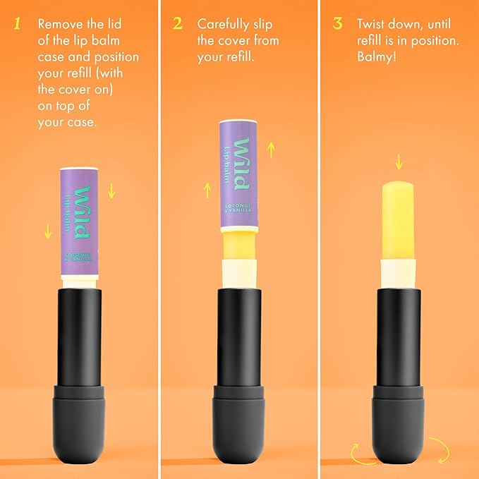 Wild Refillable Lip Balm Starter Kit - Includes Black Aluminum Case & 3 Pack Lip Balm Refills in a Variety of Scents - Includes Passionfruit Swirl, Original and Coconut & Vanilla Scents-Velvo Beauty