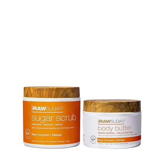 Raw Sugar Mango + Raw Coconut Body Ritual Bundle - Exfoliating Body Scrub and Body Butter, Formulated without Sulfates + Parabens, Body Care Products for Women & Men-Velvo Beauty