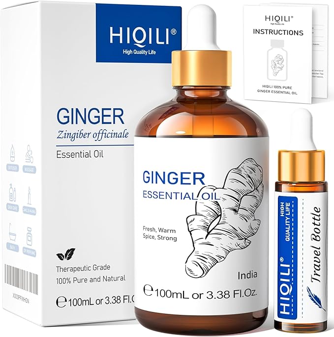 HIQILI Pure Ginger Essential Oil 3.38 Fl Oz, Pure Natural Premium Ginger Oil for Massage, Diffuser, Large Bottle with Dropper & Gift Box -100ml-Velvo Beauty