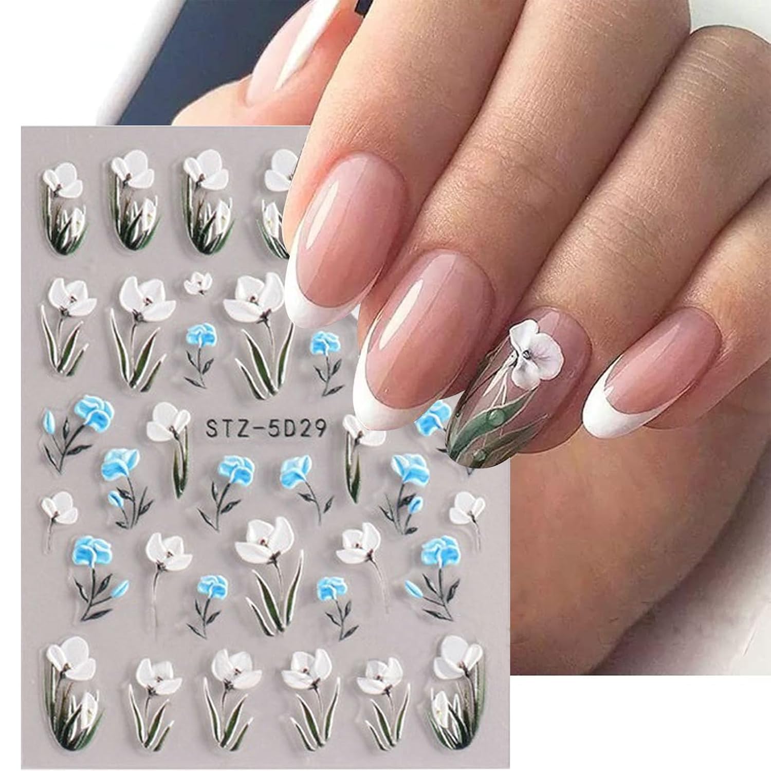 Flower Nail Stickers for Nail Art 5D Embossed Engraved Nails Decals 3D Spring Summer Accessories White Blue Self-Adhesive Nails DIY Design Decoration for Women Girls（6 Sheets-Velvo Beauty