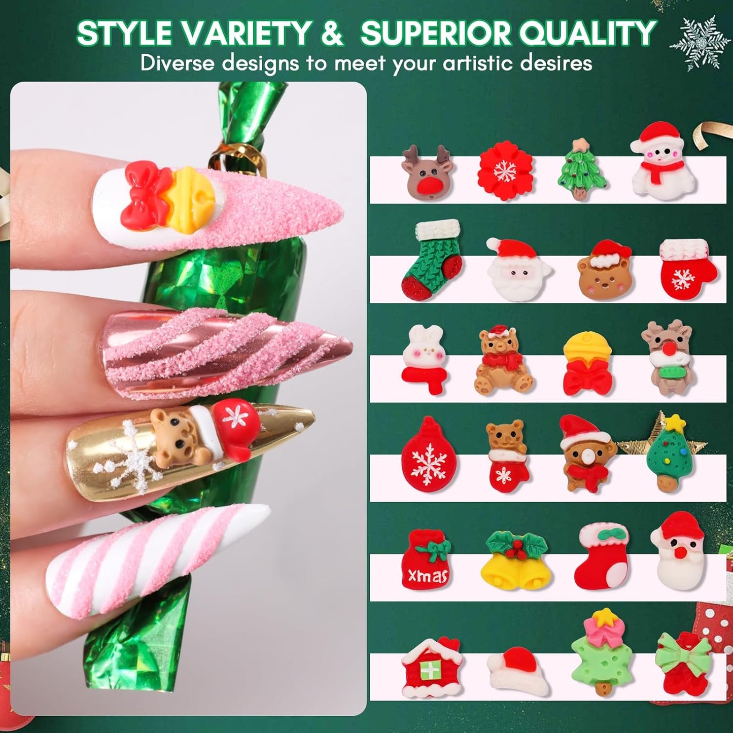 Makartt Christmas Decorations Gift Set: 48PCS 3D Nail Charms with Cartoon Santa, Elk, Tree, Bells for Women, Includes Art Tweezer, Acrylic Accessories for Nails Techs and DIY-Velvo Beauty