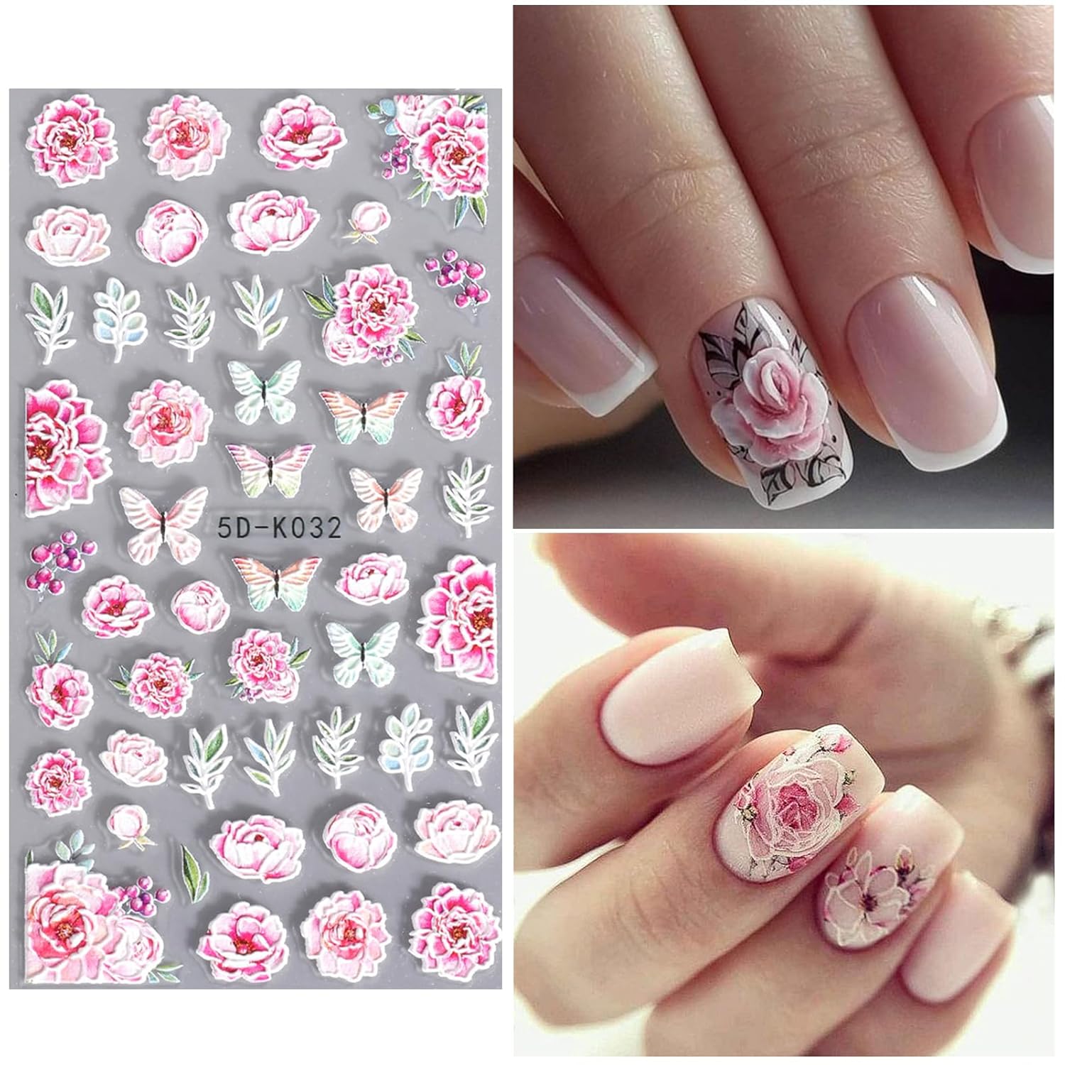 Pink Flower Nail Art Stickers Decals 5D Embossed Nail Decals Spring Summer Nails Art Design Self-Adhesive Supplies Accessories 3D Flower Stickers for Women Nails DIY Decoration-Velvo Beauty
