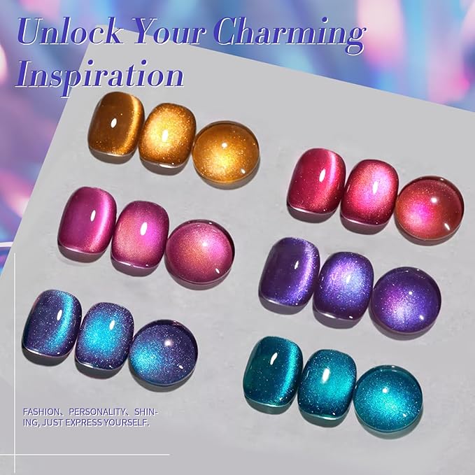 Born Pretty Cat Magnetic Eye Gel Nail Polish Glitter Auroras Magnetic Gel Polish Colorful Holographic Cat Magnetic Eye Nail Art Manicure DIY at Home 6PCS-Velvo Beauty