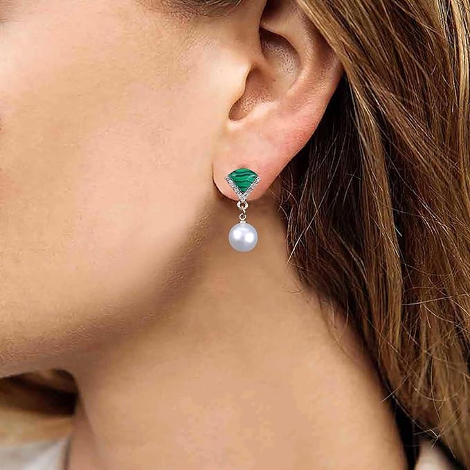 Vintage Cz Emerald Pearl Earrings Gold Pearl Drop Earrings Triangle Emerald Earrings Geometric Emerald Stud Earrings Jewelry for Women and Girls-Velvo Beauty