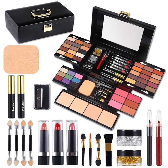 Professional Makeup Kit for Women Girls Full Kit with Mirror 58 Colors All in One Make up Gift Set Included Eyeshadow,Compact Powder,Blusher,Lipstick,Eyebrow Pencil,Gitter Gel,Eyeliner,Mascara (Y)-Velvo Beauty