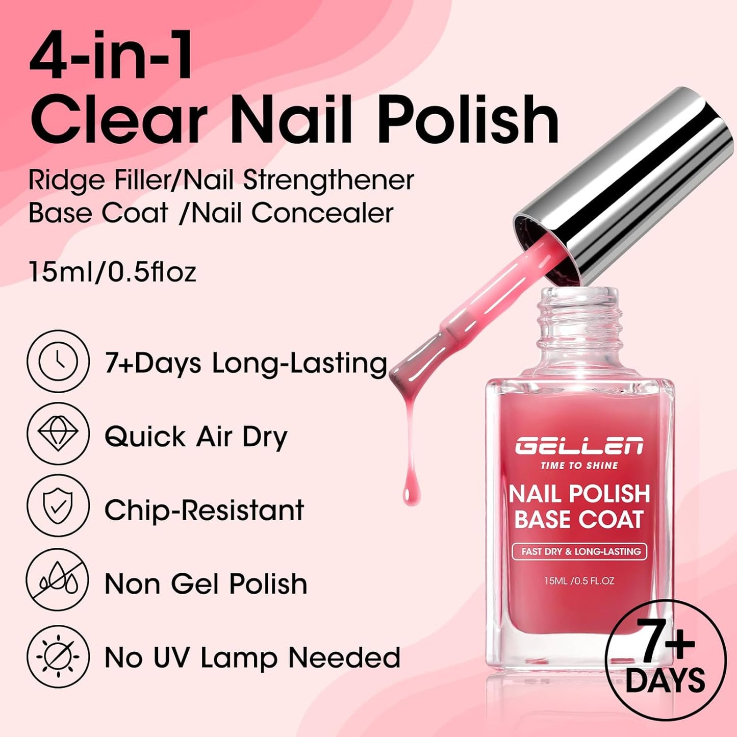 Gellen 4‑in‑1 Clear Nail Polish Base Coat Sheer Tinted Red, Ridge Filler, Nail Strengthener & Concealer, Calcium Formula Strengthens Nails, Natural Color Enhances Natural Look, No HEMA, Anti-yellowing-Velvo Beauty