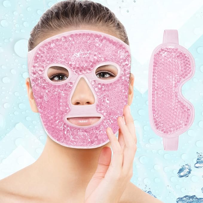 Ice Face Mask Reusable and Cold Gel Eye Mask for Puffiness/Dark Circles/Eye Bags/Dry Eyes/Headaches/Migraines/Stress Relief,Ice Pack for Eyes & Face (Pink)-Velvo Beauty