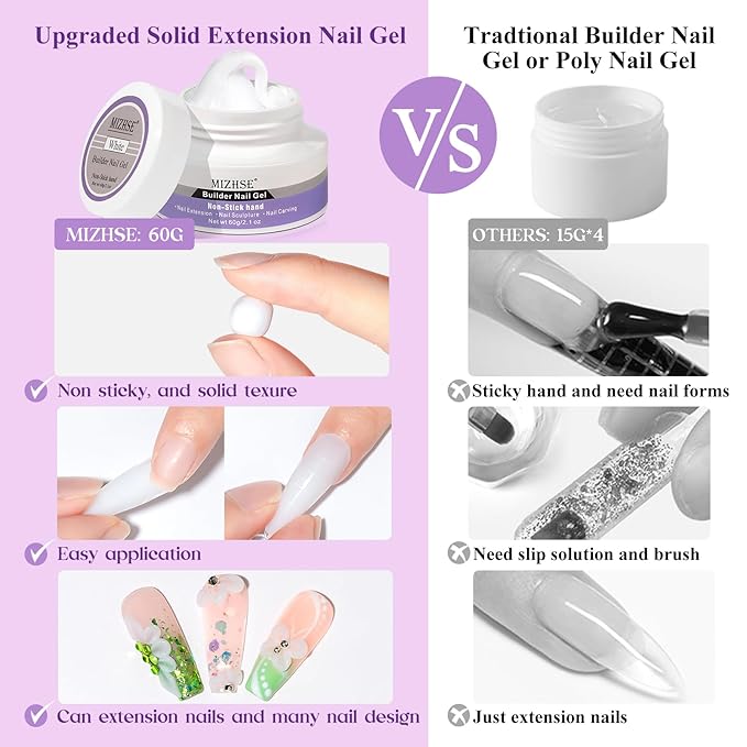 MIZHSE Solid Builder Gel for Nails, 60g White 3D Gel Nail Art Sculpting Non-Sticky Carving Hard Extension Soak Off UV LED for Salon Manicure Home DIY-Velvo Beauty