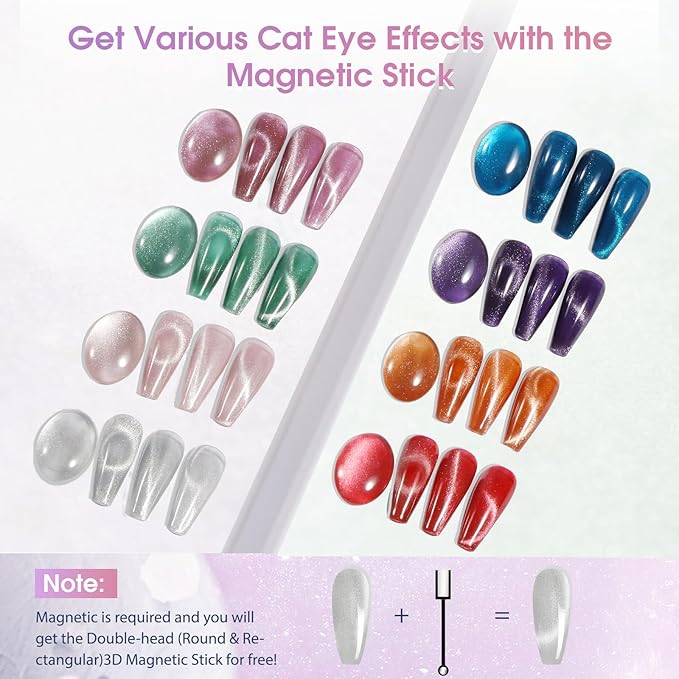 ROSALIND 8PCS Cat Eye Gel Polish with Magnet Stick - Magnetic Cat eye Gel Nail Polish Sparkle Diamond Effect Magic Magnetic Glitter Soak Off Led Nail Art DIY Salon Gifts For Women-Velvo Beauty