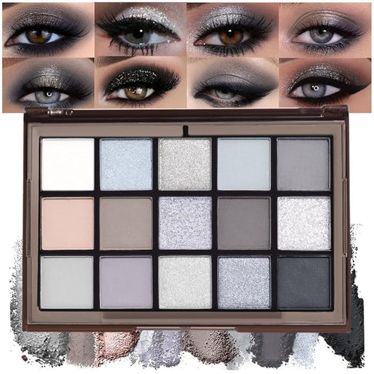 15 Colors Black Gray Silver Matte Shimmer Eyeshadow Palette for Eye Makeup,High Pigmented Brown White Eye Shadow Primers Powder Palet de sombras de ojos-Velvo Beauty