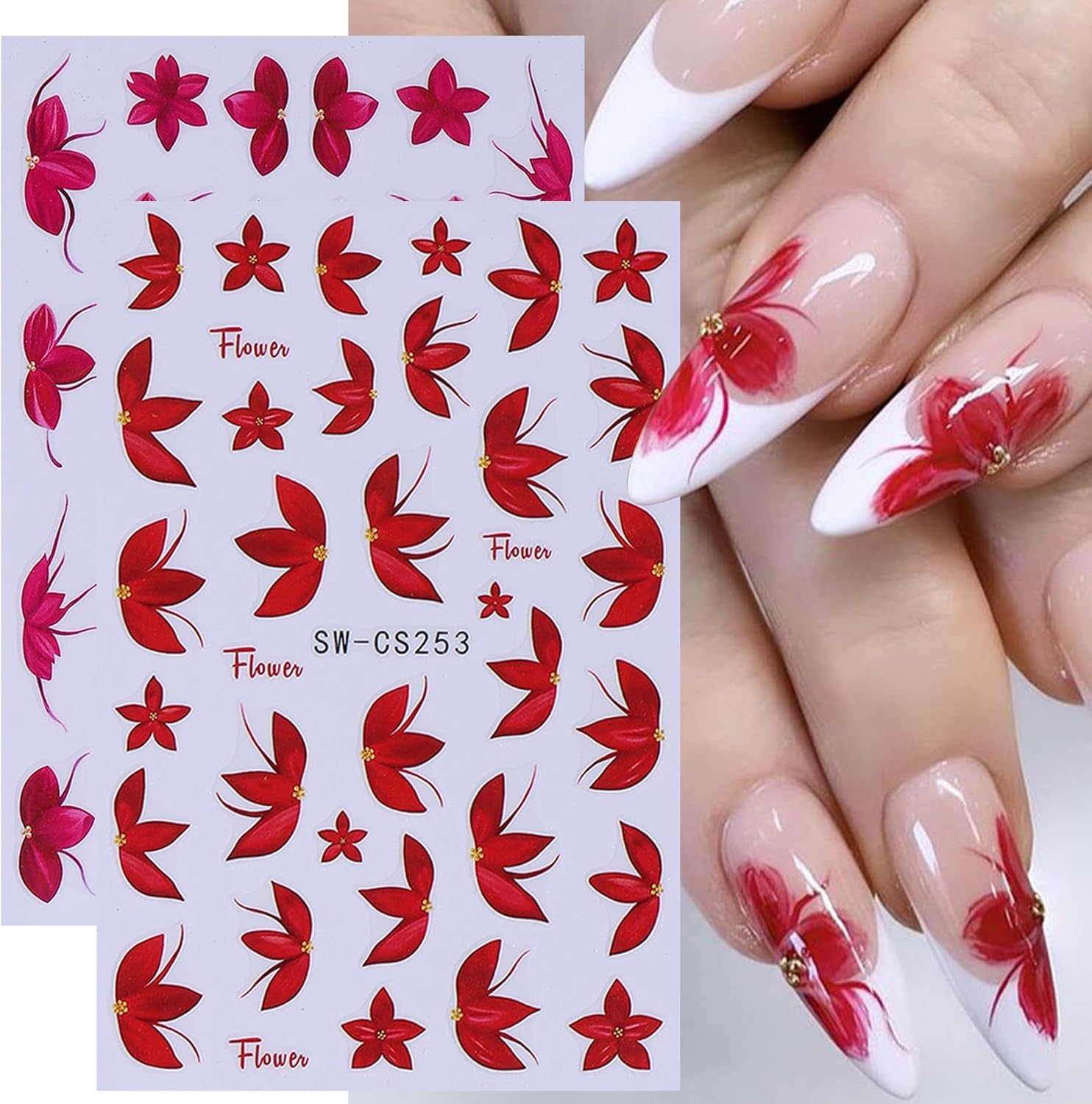 Flower Petal Nail Art Sticker 12 PCS Simple French Floral Nail Decals Lily Orchid Leaves Flamingo Designs with Tweezers Hot Pink Blue Purple Green Flower Sliders Nail Art Decoration DIY Accessories-Velvo Beauty