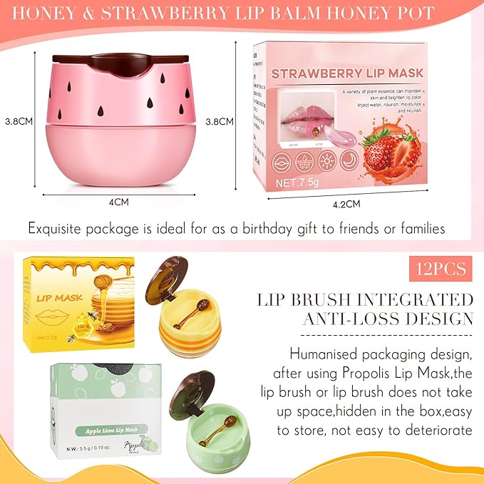 12 Pcs Bee Lip Balm Honey Pot with Brush Propolis Lip Mask Overnight, Moisturizing Hydrating Lip Sleeping Mask Prevention Dry and Cracked(Honey+Strawberry+Apple Lime)-Velvo Beauty