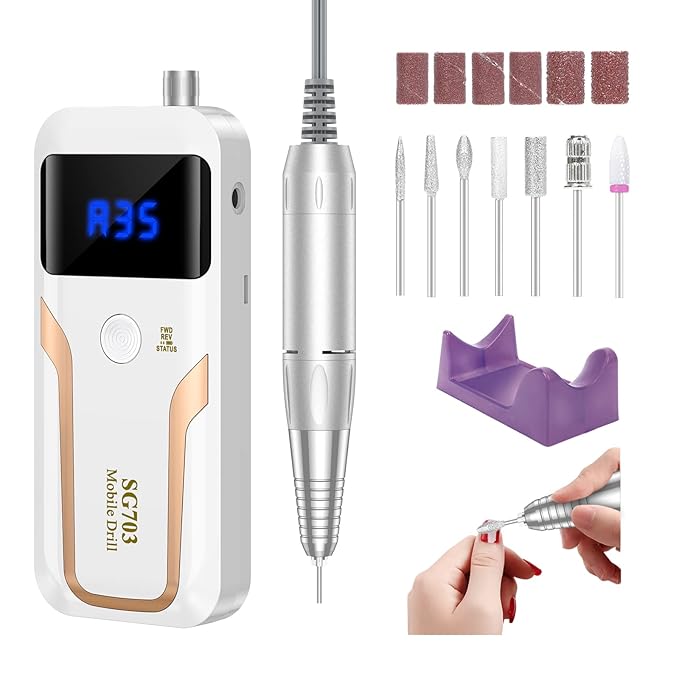 Portable Nail Drill Professional 35000 RPM, MOCOWIND Rechargeable Electric Nail File Machine for Acrylic Nails Gel Polishing Removing, Cordless E-File with Bits Kit for Manicure Salon Home, White-Velvo Beauty