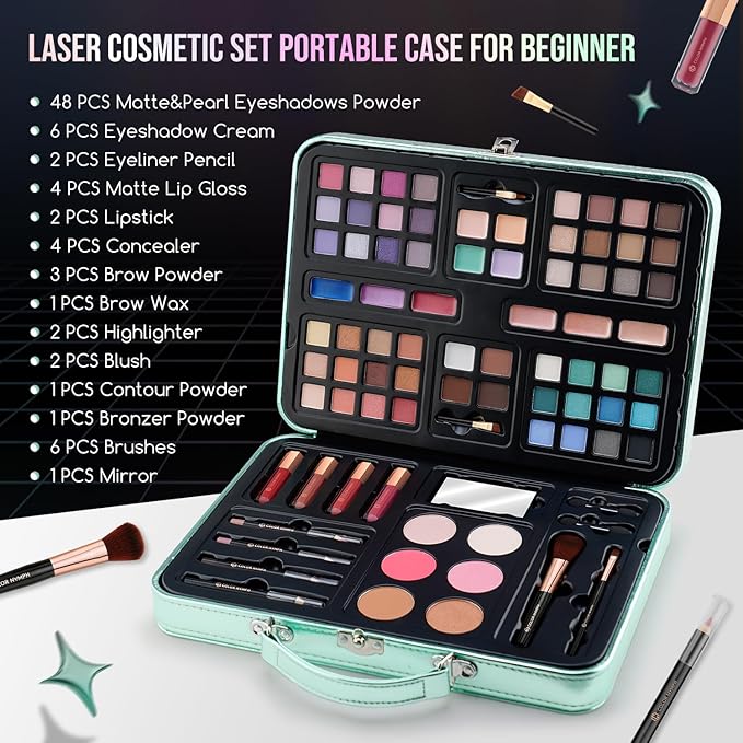 Color Nymph All in One Girls Makeup Sets for Any Ages, Teen Makeup Kits for Beginner with Green Case, Eyeshadow Palettes Blush Lipgloss Eyeliner, Cosmetics Gift Set for Birthday-Velvo Beauty