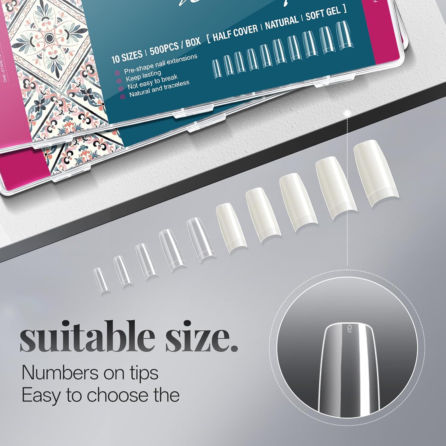 krofaue Nail Tips Lady French Style Acrylic Artificial Half Cover False Nail Tips with Box Ideal for Salons and Home DIY Manicure,10 Sizes,1000PCS (Natural and Clear)-Velvo Beauty