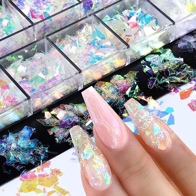 12 Colors Holographic Nail Art Glitter Sequins Aurora Holographic Mermaid Nail Glitter Flash Ice Residue Nail Glitter Sequin Chameleon Flakes Set Fluorescent Glass Paper for Face Body DIY Decoration-Velvo Beauty
