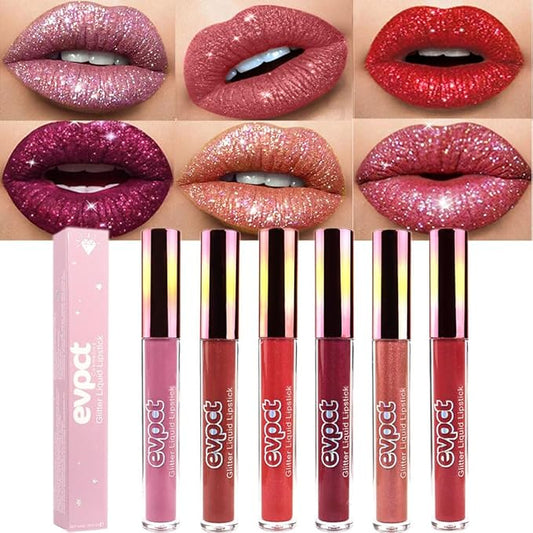 evpct 6Pcs Diamond Lip Gloss Matte to Glitter Liquid Lipstick Waterproof, Metallic Metal Shimmer Liquid Diamond Glitter Sparkle Sparkling Lipstick Lip Gloss Sets for Women Lips Kit, glitter+lipstick-Velvo Beauty