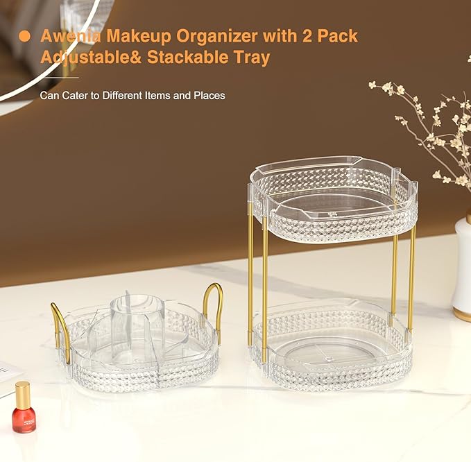 Awenia Rotating Makeup Organizer 360, Stackable Adjustable Large Capacity Cosmetic Storage Unit,Dresser Bathroom Kitchen Countertop Organizer with Metal Handle, Plus Size (Clear, 3 Tier)-Velvo Beauty