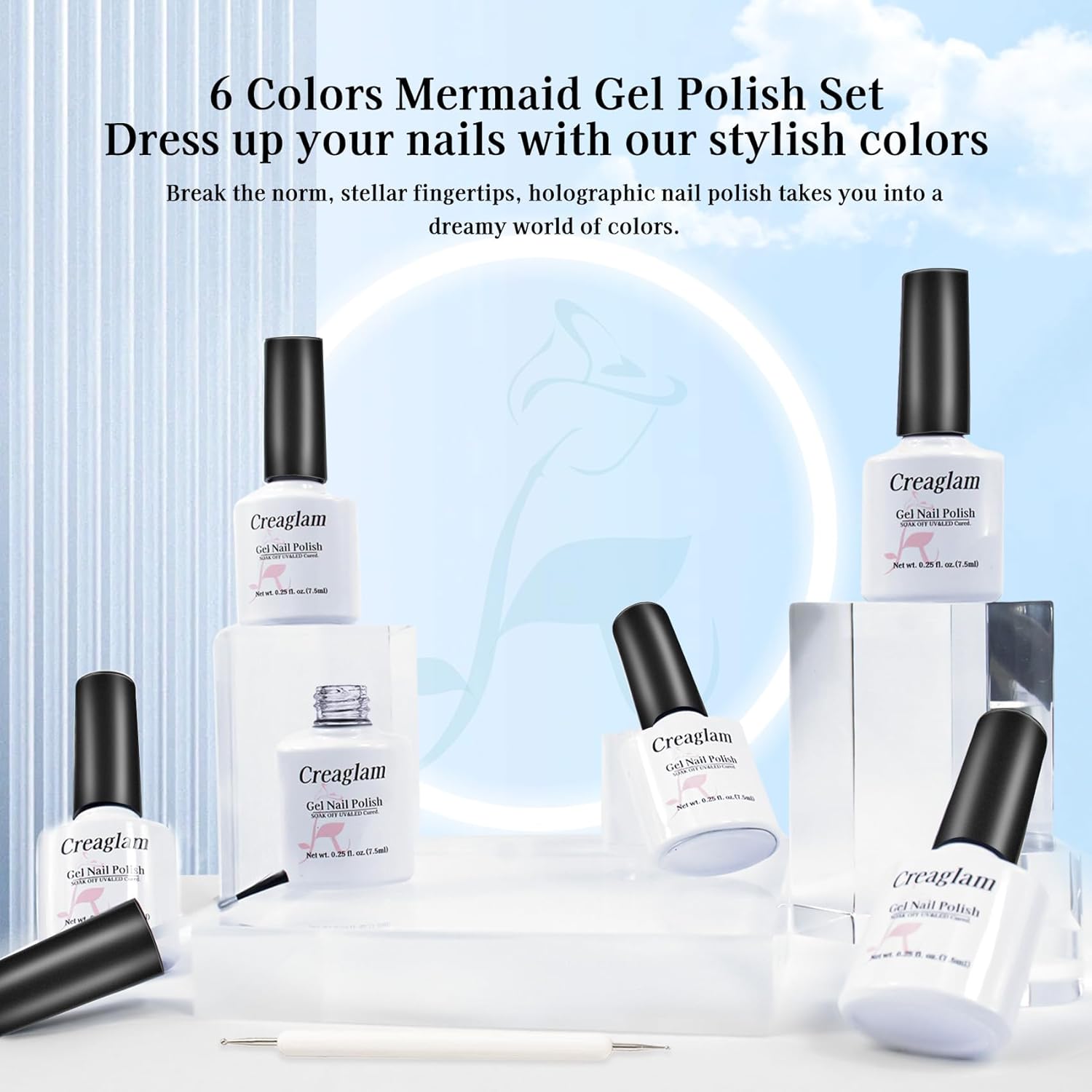 Mermaid Gel Nail Polish Set: 6 Colors - Pastel Pink, White, Orange, Blue, Pearl Gel with Swirl Shell Design - Uv Led Summer Nail Gel Polish DIY Swirl Shell Thread Effect for Girls-Velvo Beauty