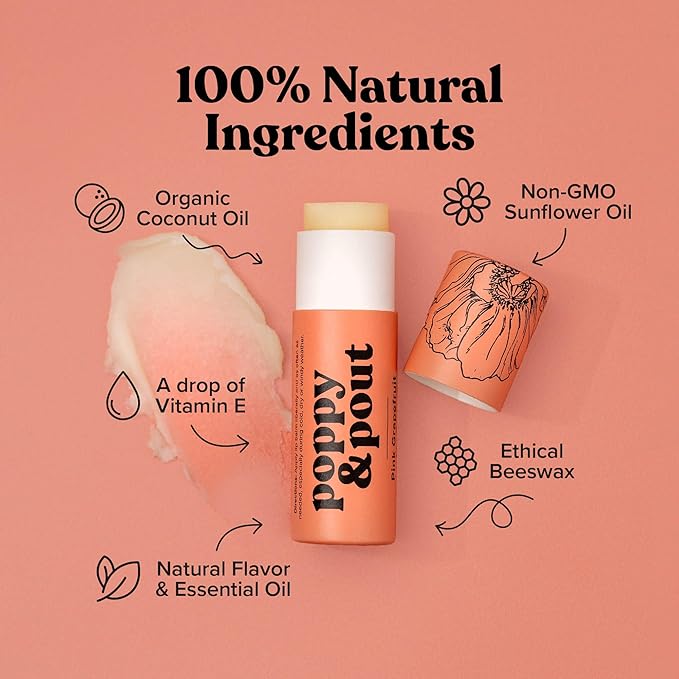 Poppy & Pout Pink Grapefruit Jumbo Lip Balm | All Natural Lip Balms & Moisturizers | Hydrates with Beeswax, Vitamin E, Organic Coconut Oil | Cruelty-Free | Lip Balm in Recyclable Cardboard Tube-Velvo Beauty