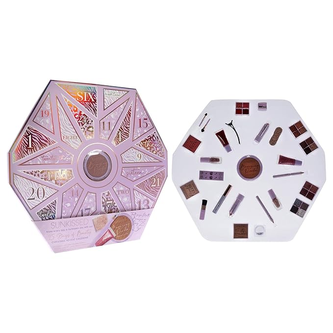 Sunkissed Christmas 25 Days of Beauty - Face, Lips and Eye Makeup - 2 Nail Polishes and 3 Cosmetic Brush Applicators - Vegan Formula - 25 Makeup Products and Accessories - 1 pc Gift Set-Velvo Beauty