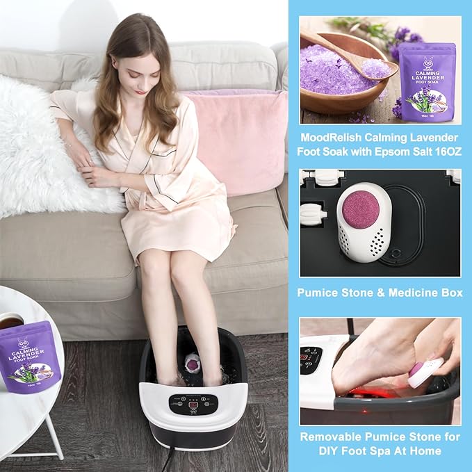 Foot Spa Bath Massager with Heat Bubbles and Vibration Massage and Jets, 16 OZ Calming Lavender Foot Soak Epsom Salt, MoodRelish Foot Soaker with Red Light, 22 Massage Rollers, Adjustable Temp - Black-Velvo Beauty