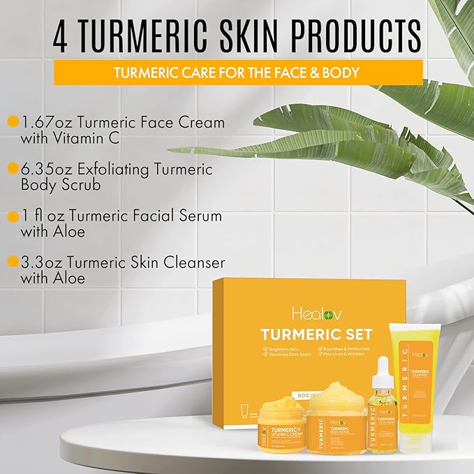 Turmeric Skincare Set - Turmeric Skin Care Products Brightening & Acne - Turmeric Skin Care Kit, Turmeric Skin Care Set - Turmeric Cleanser, Body Scrub, Face Cream & Facial Serum-Velvo Beauty