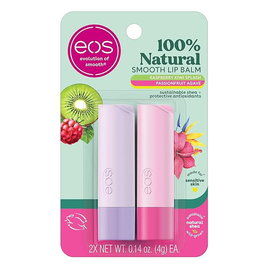 eos 100% Natural Lip Balm, Raspberry Kiwi Splash & Passionfruit Agave, All-Day Moisture, Lip Care Products, 0.14 oz, 2-Pack-Velvo Beauty