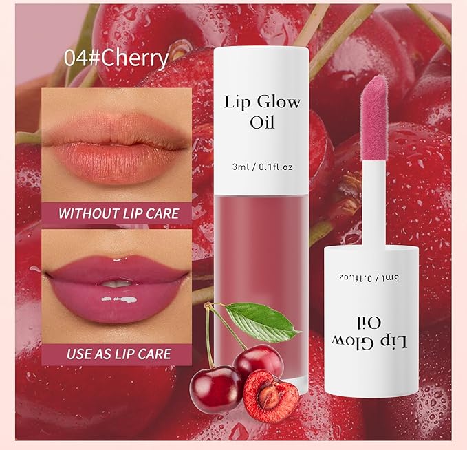 Plumping Lip Oil, Long Lasting Hydrating Lip Stain Lip Balm Cherry Fruit Revitalizing, Transparent Lip Care Oil for Dry Lip (Cherry Red)-Velvo Beauty