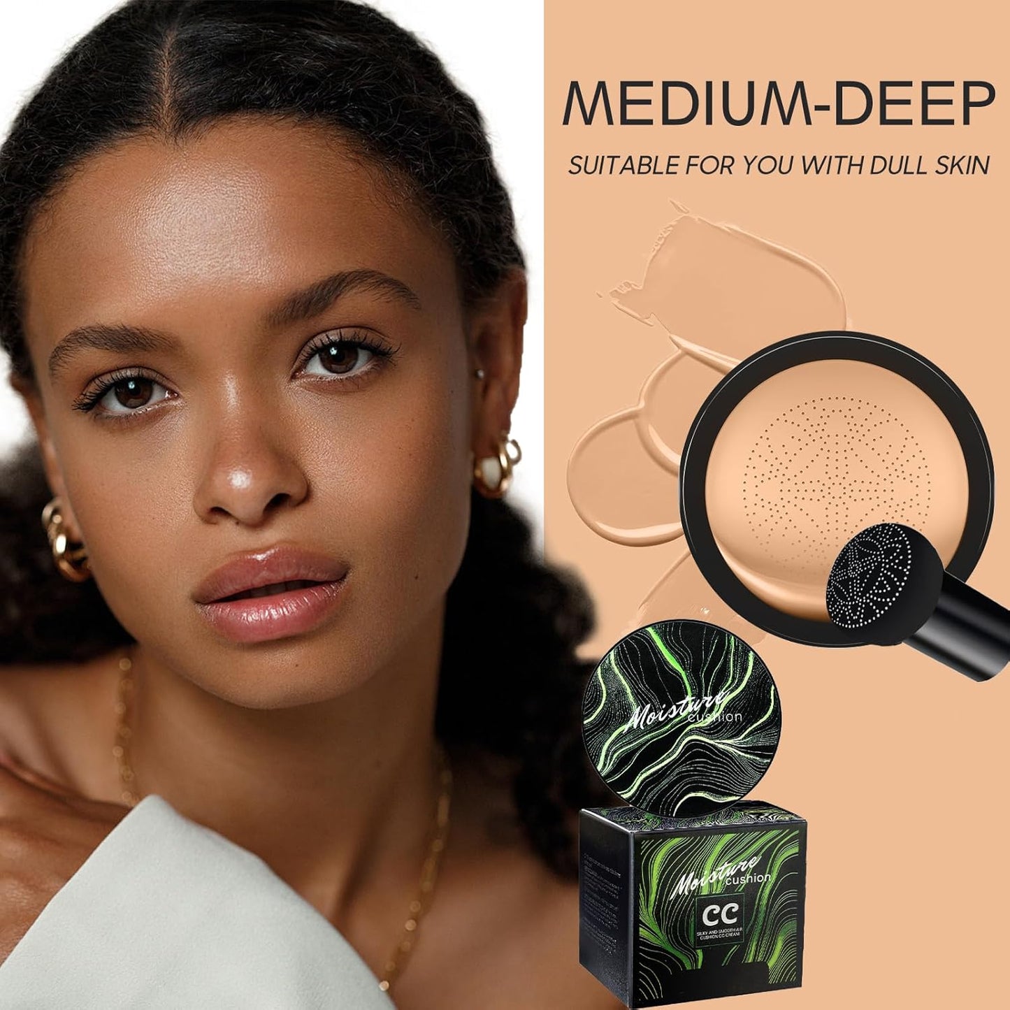 Mushroom Head Air Cushion CC Cream - BB Cream Foundation Makeup Moisturizing Concealer Long-Lasting, Cushion Foundation Full Coverage Self Adjusting for Mature Skin & All Skin Types （Medium Deep)-Velvo Beauty