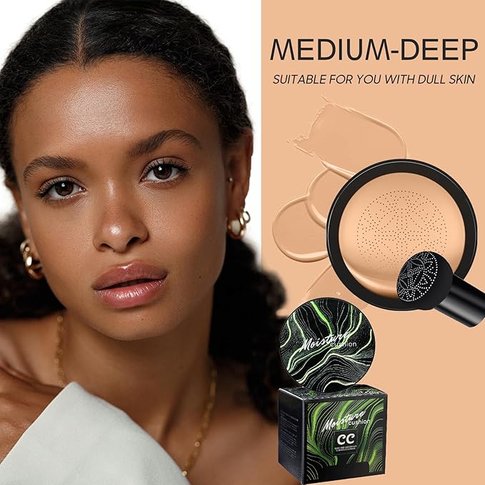 Mushroom Head Air Cushion CC Cream - BB Cream Foundation Makeup Moisturizing Concealer Long-Lasting, Cushion Foundation Full Coverage Self Adjusting for Mature Skin & All Skin Types （Medium Deep)-Velvo Beauty