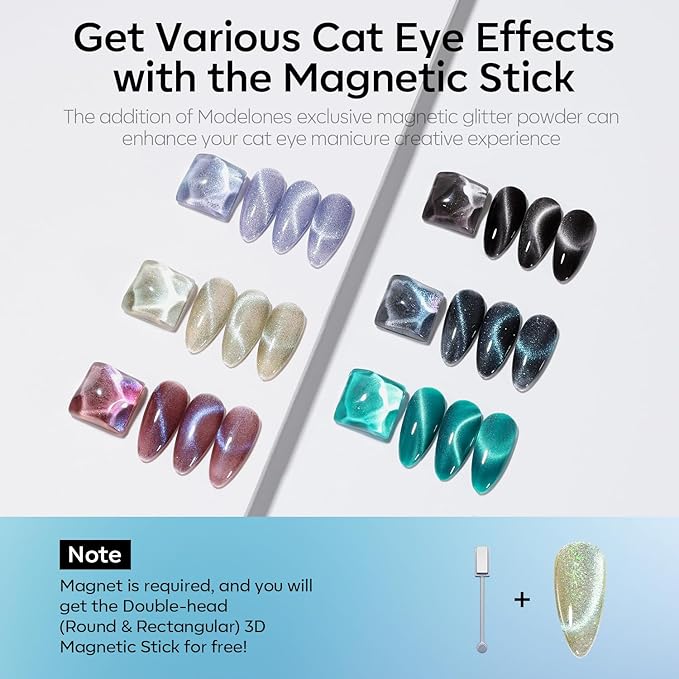 modelones Cat Eye Gel Nail Polish Set, 6 Colors Holographic 9D Glassy Cat Eye Glitter Gel Polish Set Black Blue Purple Green Nail Polish Kit with Magnet Soak Off LED Nail Art DIY Salon Gift-Velvo Beauty