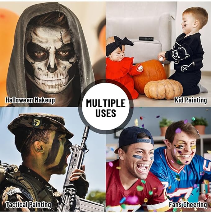 MEICOLY 7Pcs Black White Green Face Body Paint Stick Set with Setting Powder and Sponges,Clown Black White Face Paint,Green Body Paint for Halloween SFX Cosplay Makeup,Waterproof-Velvo Beauty