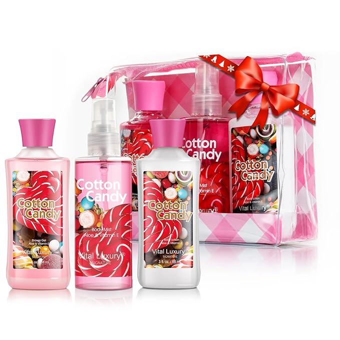 Bath & Body Care Travel Set - Home Spa Set with Body Lotion, Shower Gel and Fragrance Mist, Valentines Day Gifts for Her and Him(Cotton Candy)-Velvo Beauty