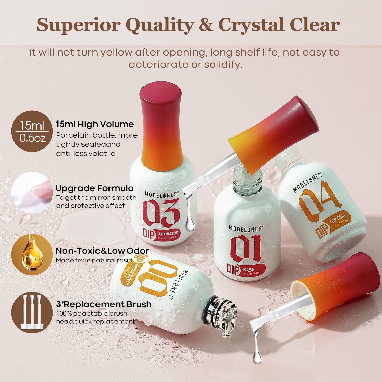 modelones Dip Powder Liquid Set 4+4 Pcs, Dip Powder System Set with Base Coat/Top Coat/Activator/Brush Saver/Manicure Tools for Nail Kit Art DIY Salon - 15ml/0.5oz-Velvo Beauty