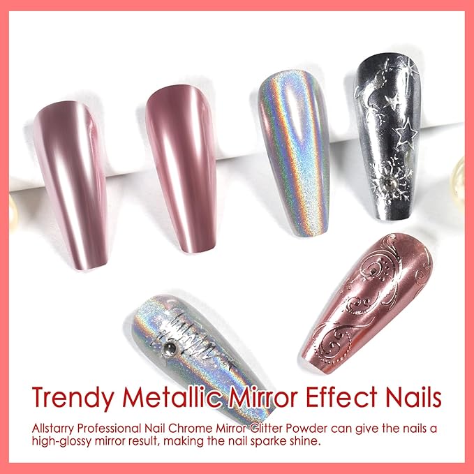 Allstarry Chrome Nail Powder, Metallic Mirror Effect Pigment Chrome Holographic Nail Glitter Magic Unicorn Glitter Dust Kit for Manicure Valentines Nail Art Decoration- Pink Silver Grey Series-Velvo Beauty