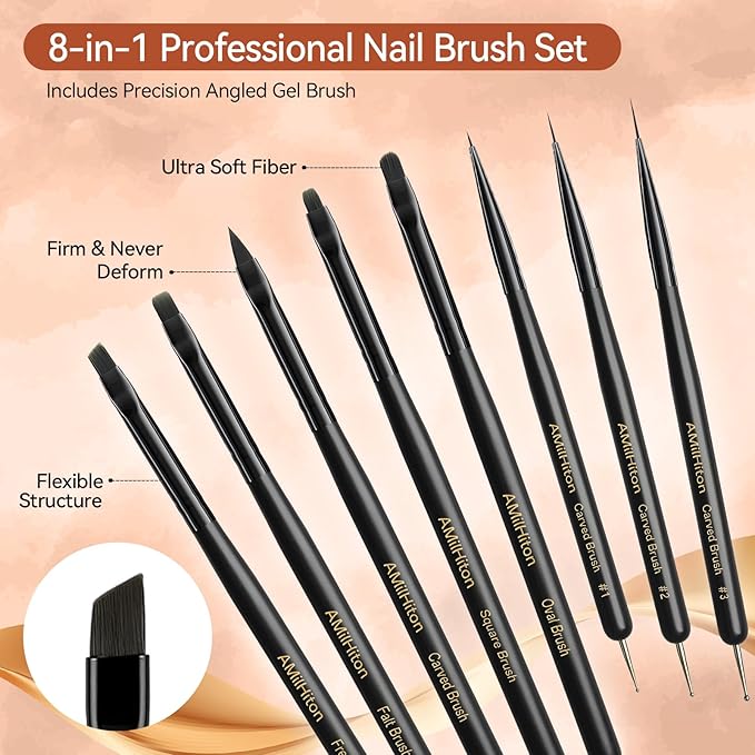 8PCS Nail Art Brushes for Builder Gel, Polygel & Polish – Flat, Round, Liner, French Tip & Detail Brushes for 3D Acrylic Flowers – Professional Nail Painting & Design Tools-Velvo Beauty